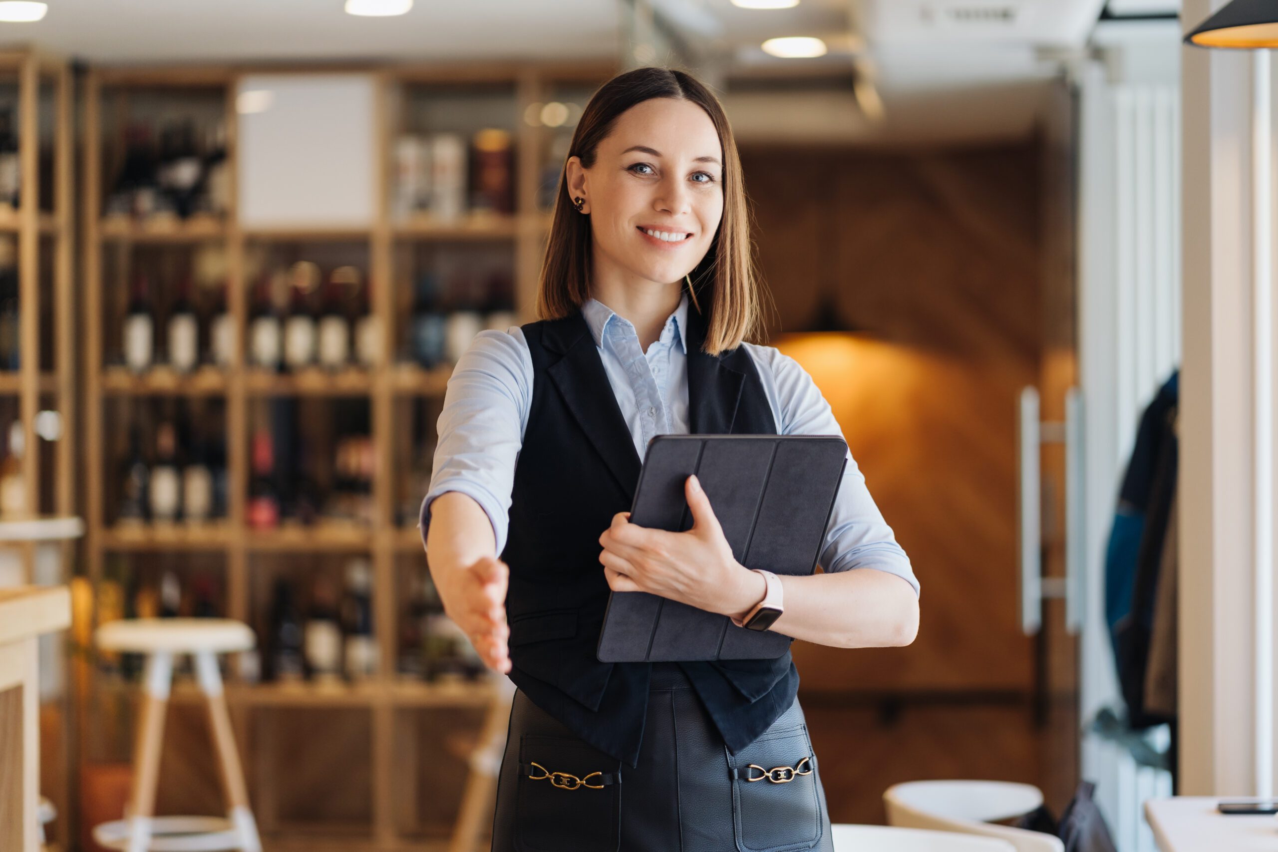 Female employer holding digital tablet while looking forward to meeting with partners